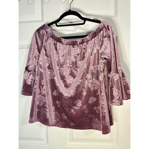Current Project Floral Velvet Top Off Shoulder Bell‎ Sleeve Blouse Mauve Small